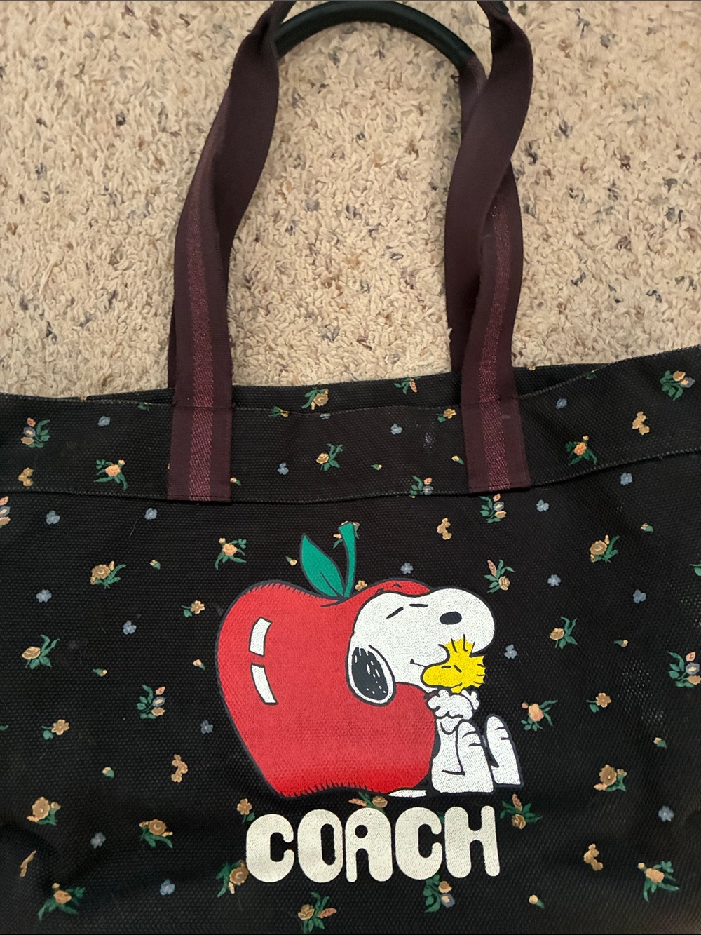 Coach Black Floral Tote with Red Apple and Snoopy Graphic